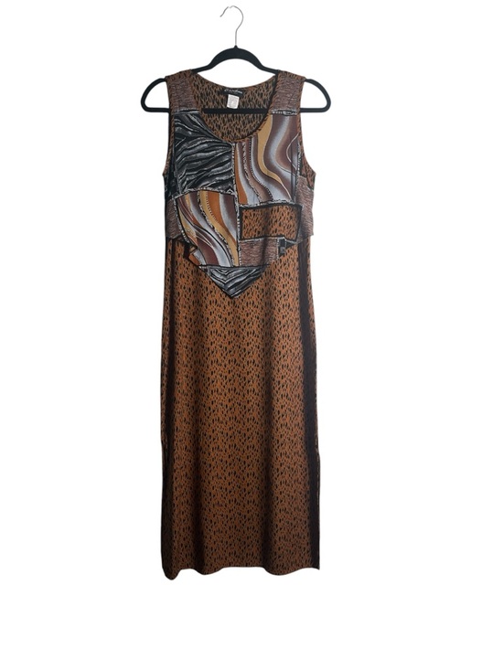 Caribou New York Dresses & Skirts - Sleeveless Brown Patchwork Maxi Dress with Abstract Print